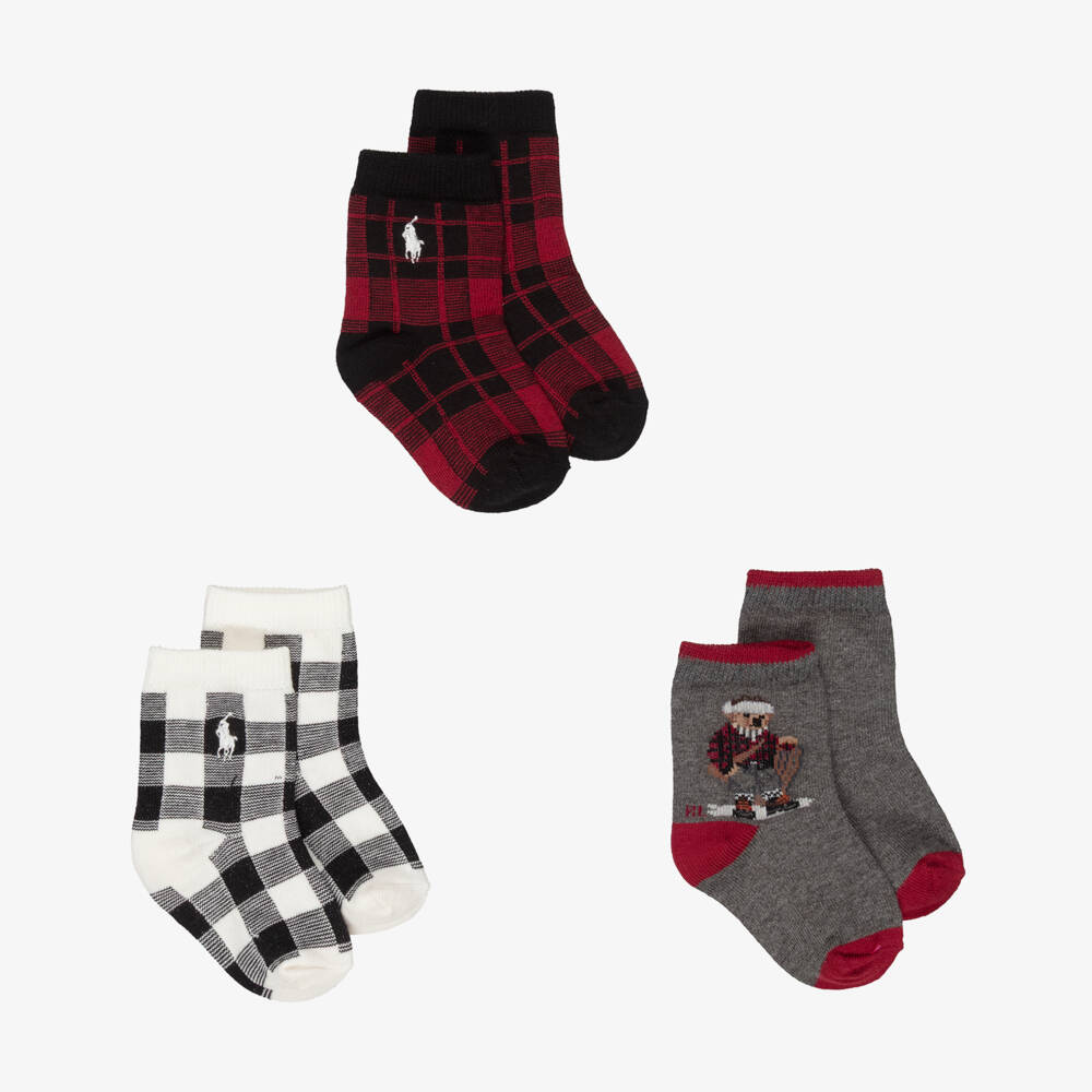Ralph Lauren-Grey Polo Bear & Black Checked Knitted Baby Socks (3 Pack) | Childrensalon Outlet