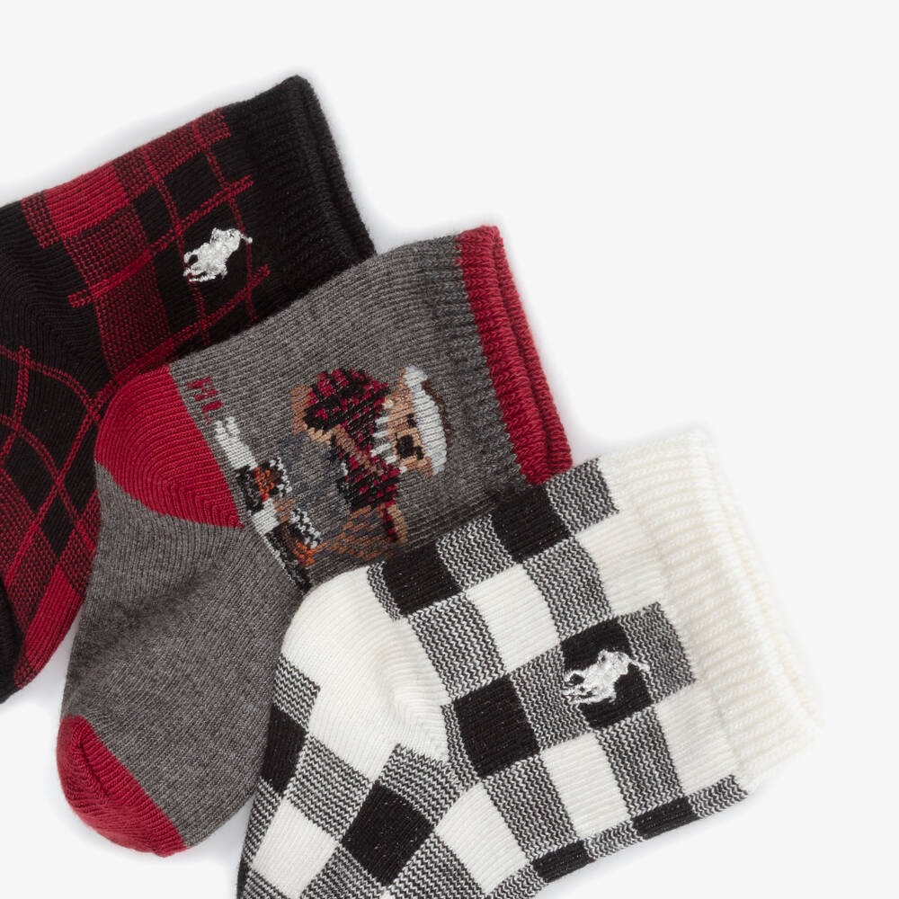 Ralph Lauren-Grey Polo Bear & Black Checked Knitted Baby Socks (3 Pack) | Childrensalon Outlet