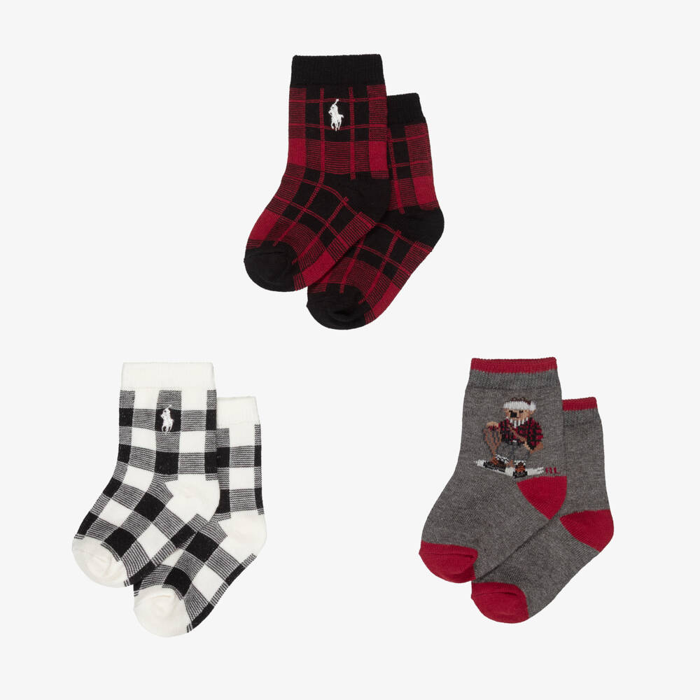 Ralph Lauren-Grey Polo Bear & Black Checked Knitted Baby Socks (3 Pack) | Childrensalon Outlet