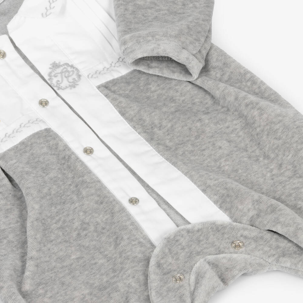 Tartine et Chocolat-Grey Velour Embroidered Logo Babygrow | Childrensalon Outlet