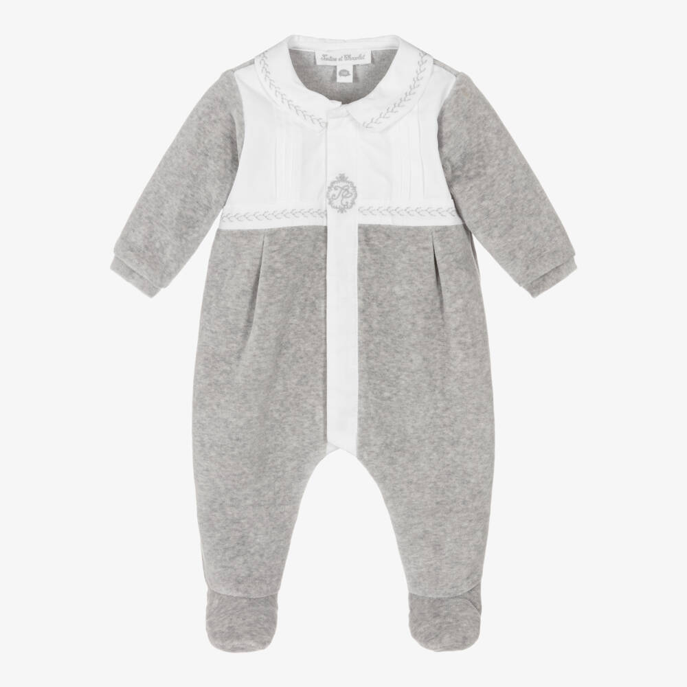 Tartine et Chocolat-Grey Velour Embroidered Logo Babygrow | Childrensalon Outlet
