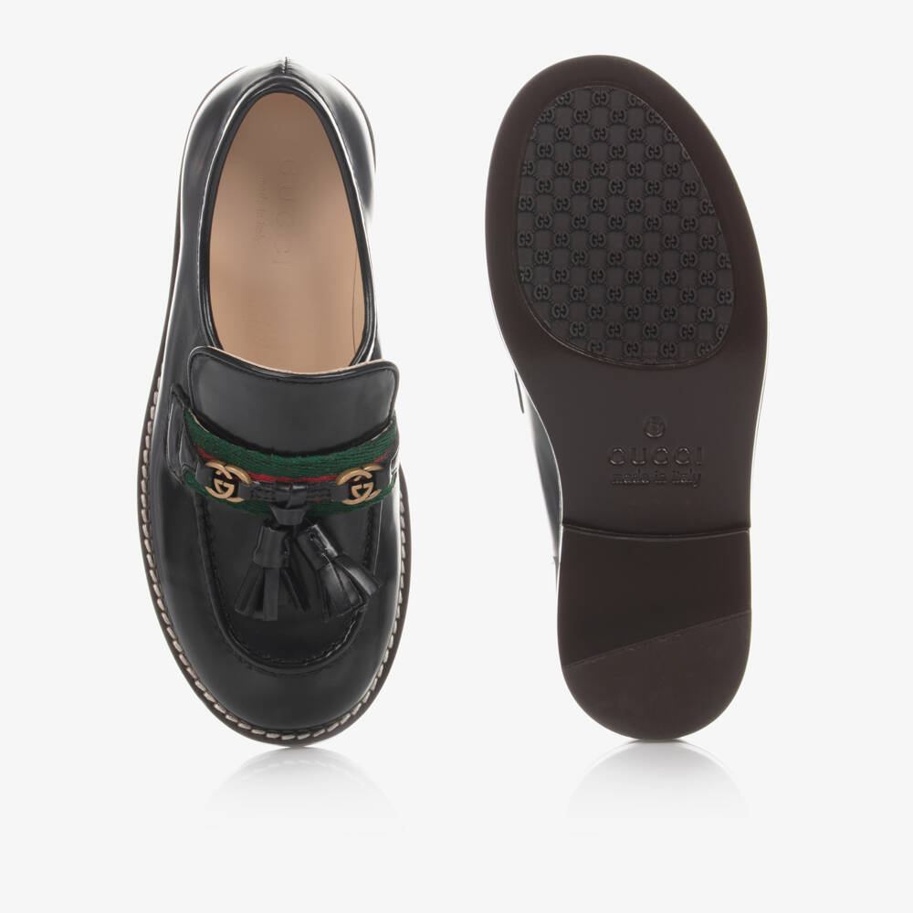 Gucci-Black Leather Loafer Shoes With Green & Red Striped Web | Childrensalon Outlet