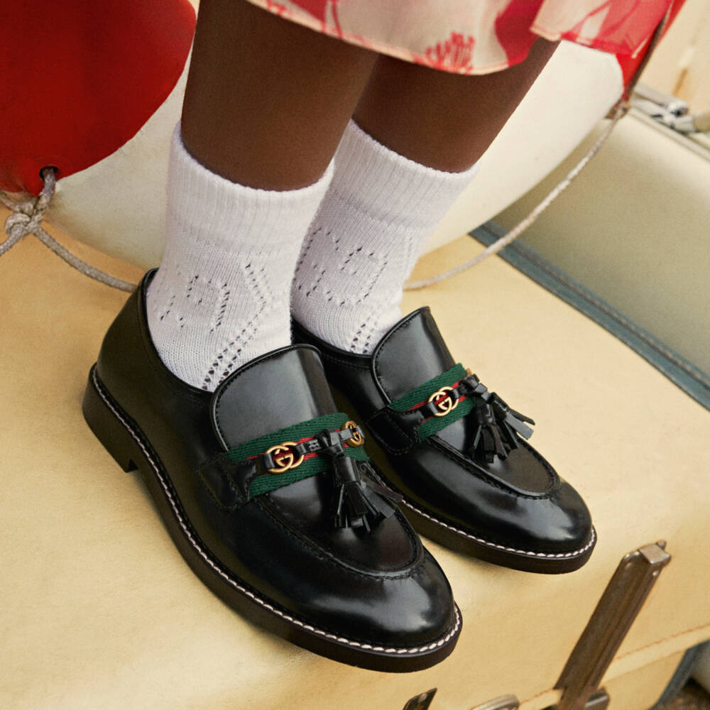 Gucci-Black Leather Loafer Shoes With Green & Red Striped Web | Childrensalon Outlet