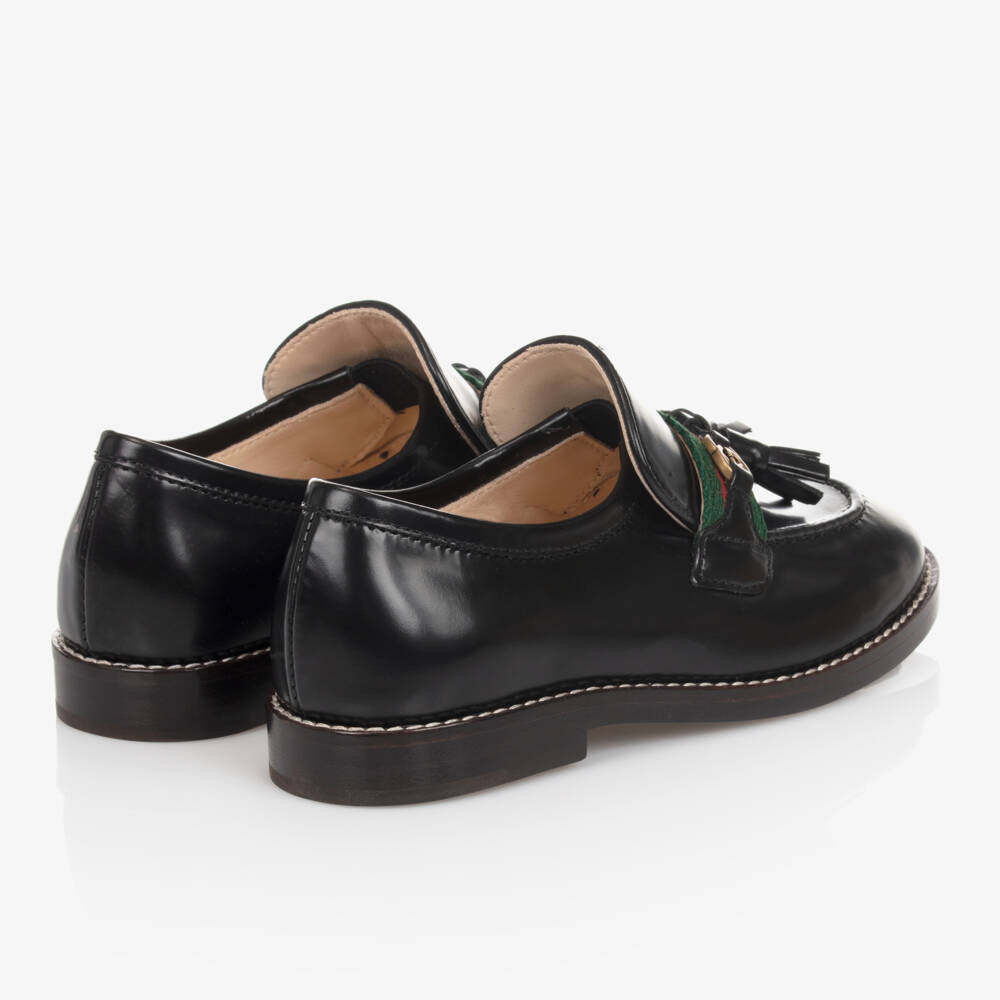 Gucci-Black Leather Loafer Shoes With Green & Red Striped Web | Childrensalon Outlet