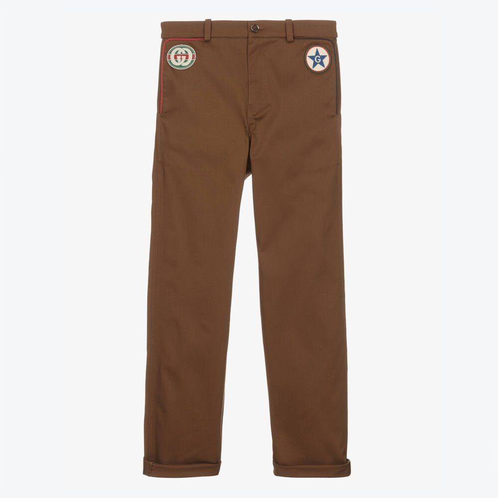Gucci-Boys Brown Gabardine Stretch Trousers | Childrensalon Outlet