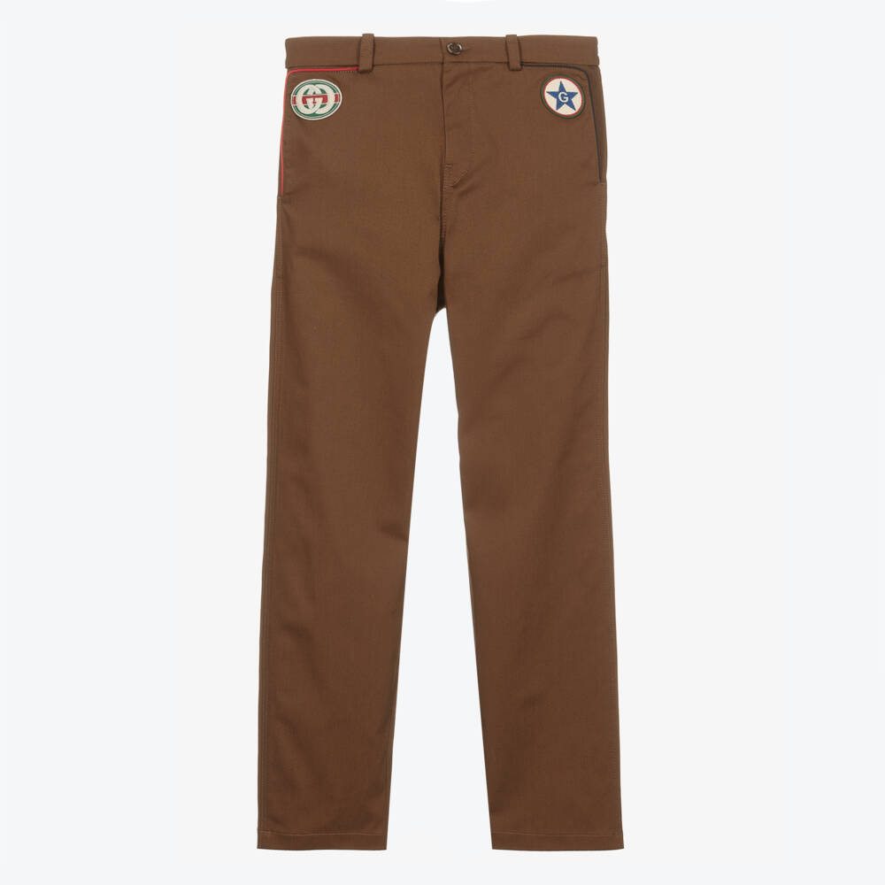 Gucci-Boys Brown Gabardine Stretch Trousers | Childrensalon Outlet