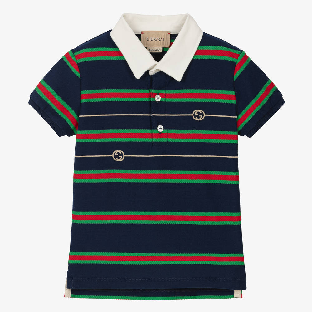 Gucci-Boys Navy Blue Striped Web Polo Shirt | Childrensalon Outlet