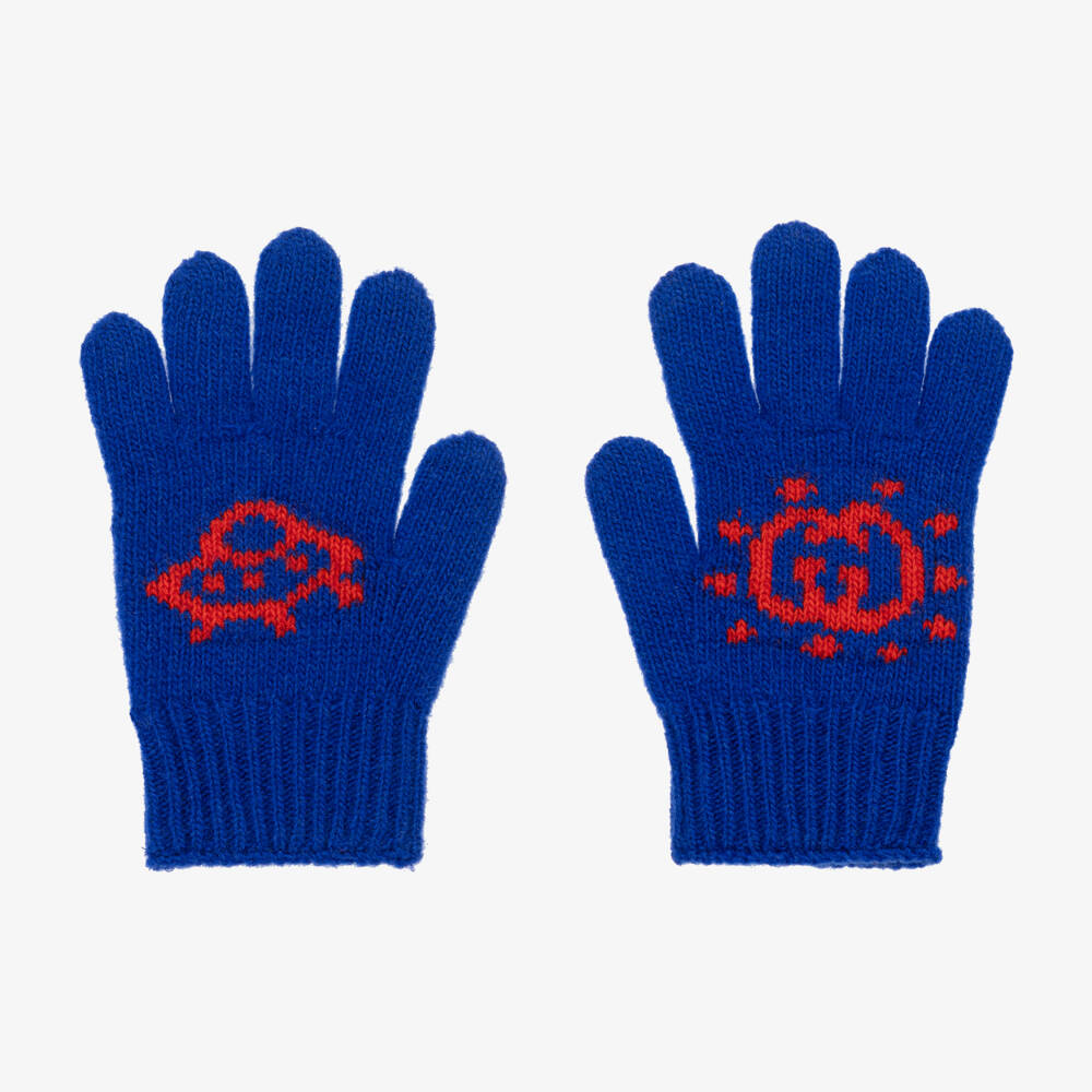 Gucci-Boys Wool Blue Logo Mittens | Childrensalon Outlet