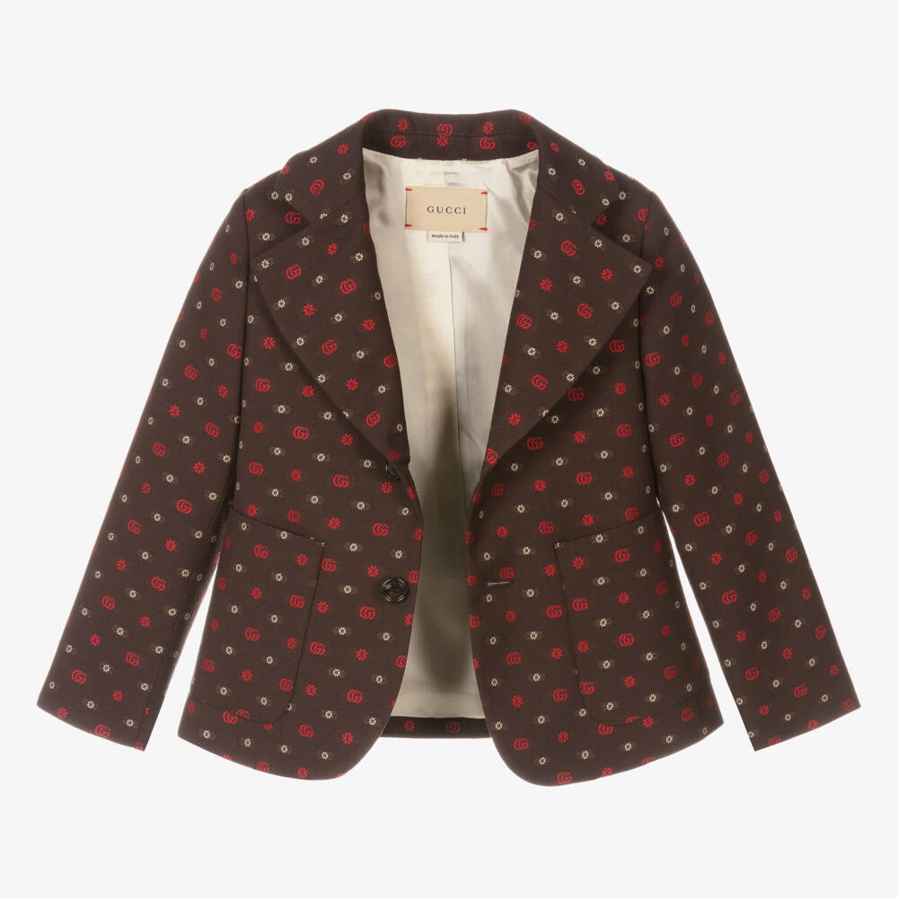غوتشي-جاكيت بليزر بشعار‘GG‘ مزيج صوف وقطن جاكارد لون بني للأولاد | Childrensalon Outlet