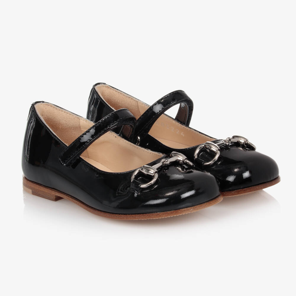 Gucci-Girls Black Leather Ballerina Shoes With Horsebit Detail | Childrensalon Outlet
