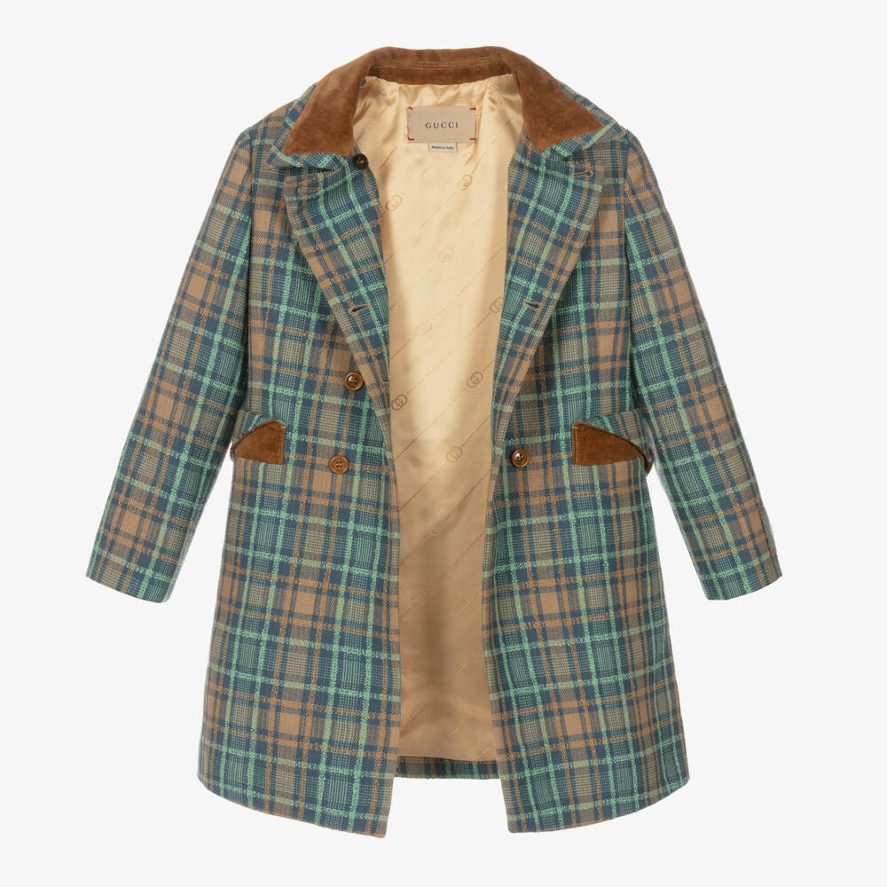 Gucci-Girls Blue Brown Wool Plaid Coat | Childrensalon Outlet
