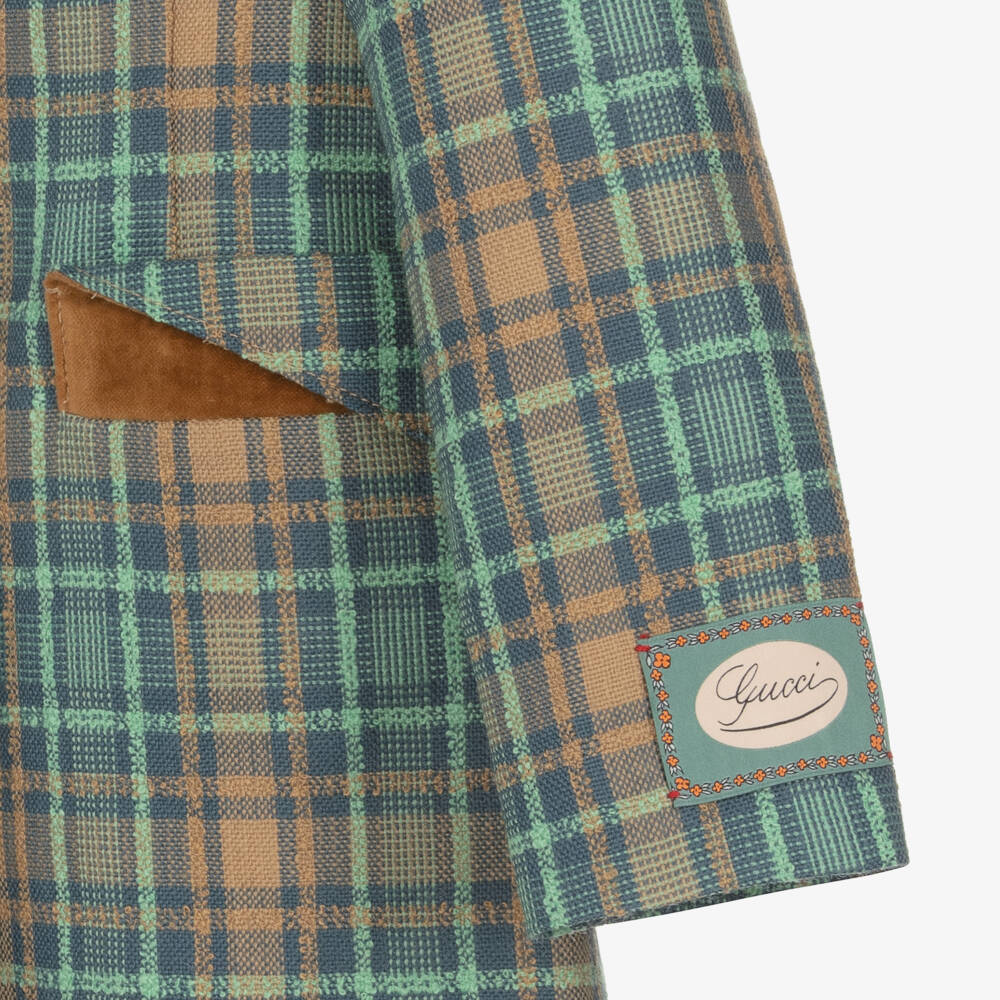 Gucci-Girls Blue Brown Wool Plaid Coat | Childrensalon Outlet