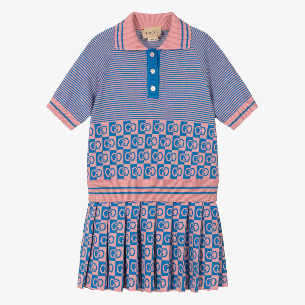 Gucci-Girls Blue & Pink GG Knitted Dress | Childrensalon Outlet