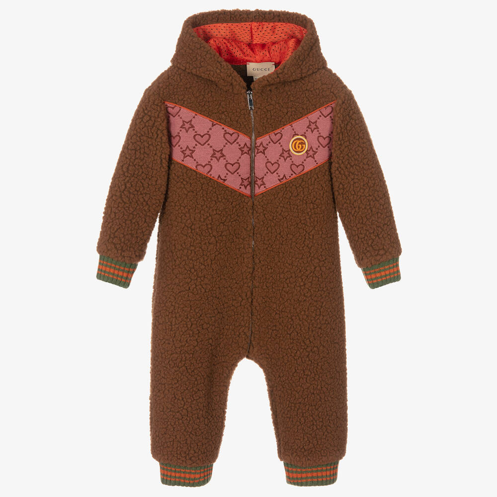 Gucci-Girls Brown Faux Fur Pramsuit  | Childrensalon Outlet