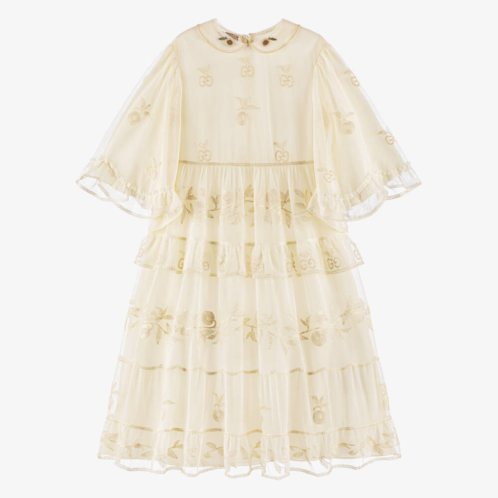 Gucci-Girls Ivory Cotton Tulle GG Dress | Childrensalon Outlet