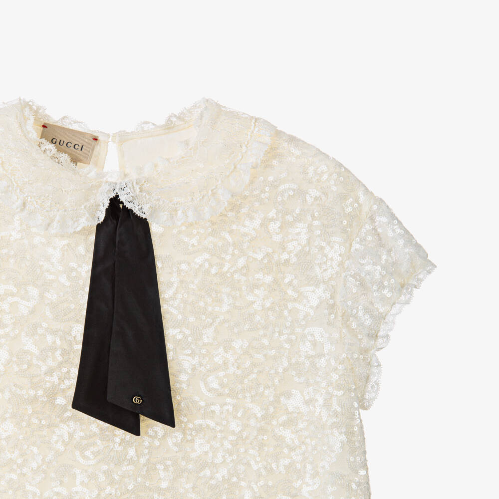 Gucci-Girls Ivory Embroidered Sequin Dress | Childrensalon Outlet