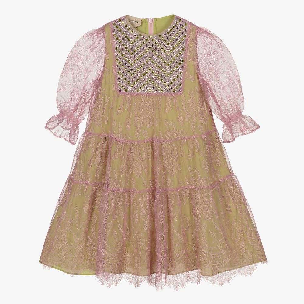 Gucci-Girls Pink & Green Lace Dress | Childrensalon Outlet