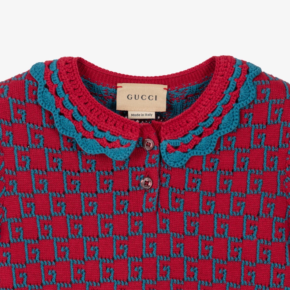 Gucci-فستان أنيق محبوك باللونين الأحمر والأزرق للبنات | Childrensalon Outlet