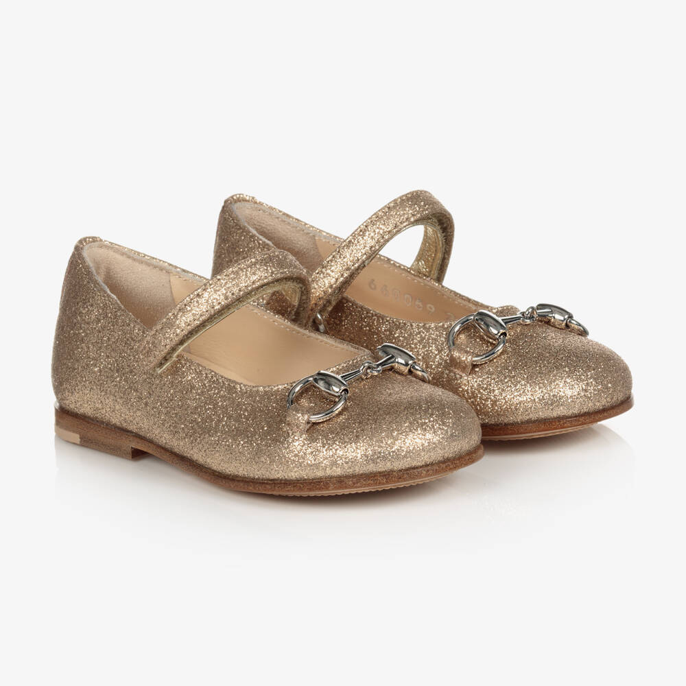 Gucci-Gold Glitter Ballerina Shoes With Silver Horsebit | Childrensalon Outlet
