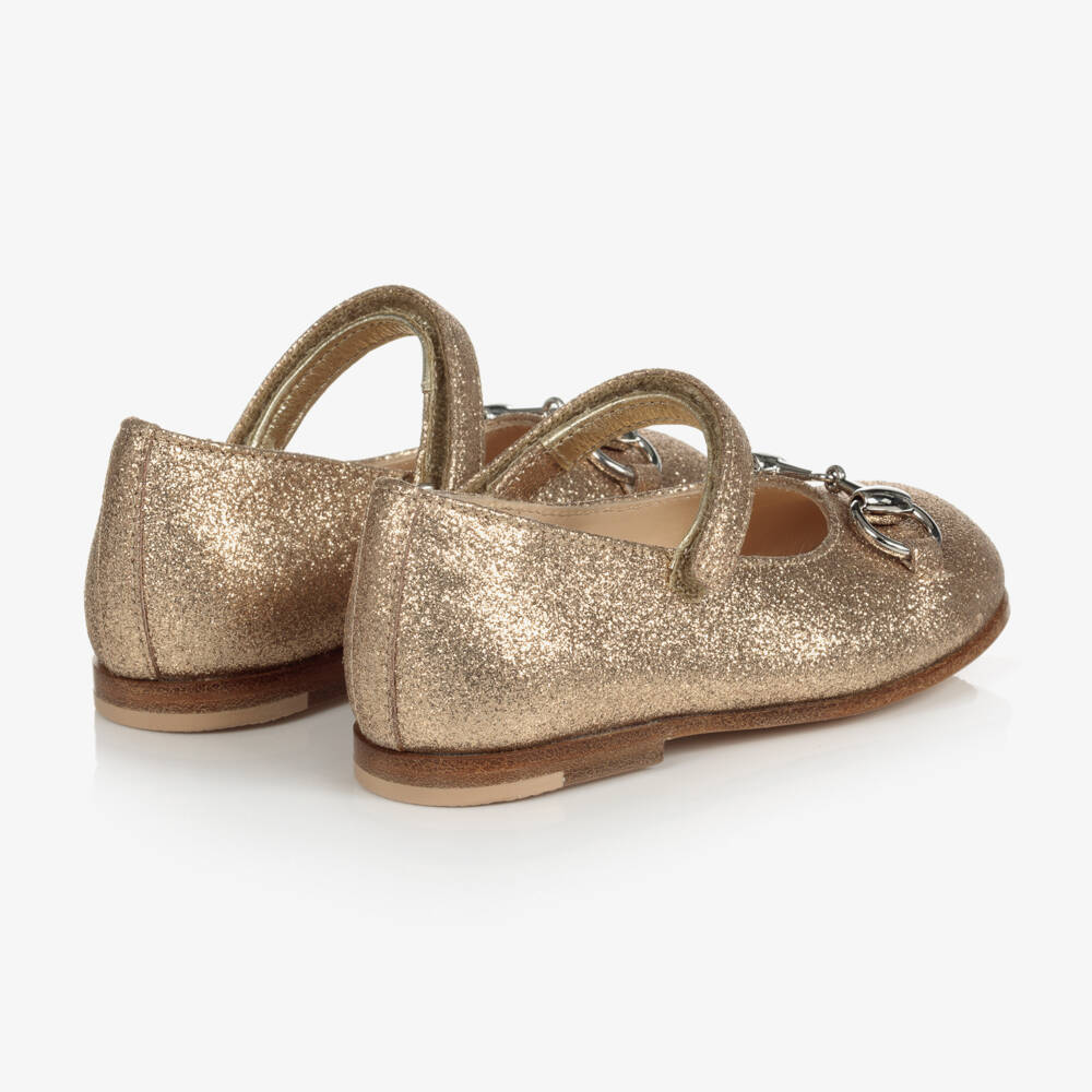 Gucci-Gold Glitter Ballerina Shoes With Silver Horsebit | Childrensalon Outlet