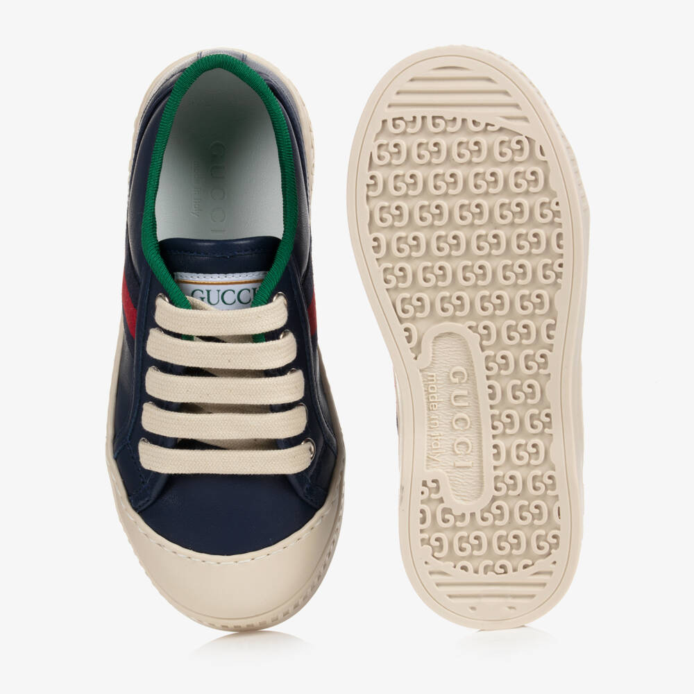 Gucci-Navy Blue Leather Trainers With Web Trim | Childrensalon Outlet
