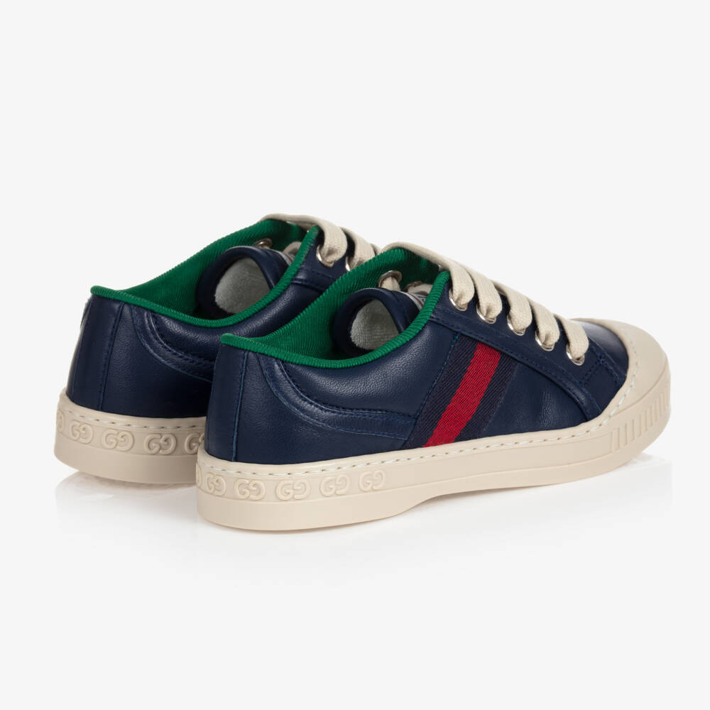 Gucci-Navy Blue Leather Trainers With Web Trim | Childrensalon Outlet