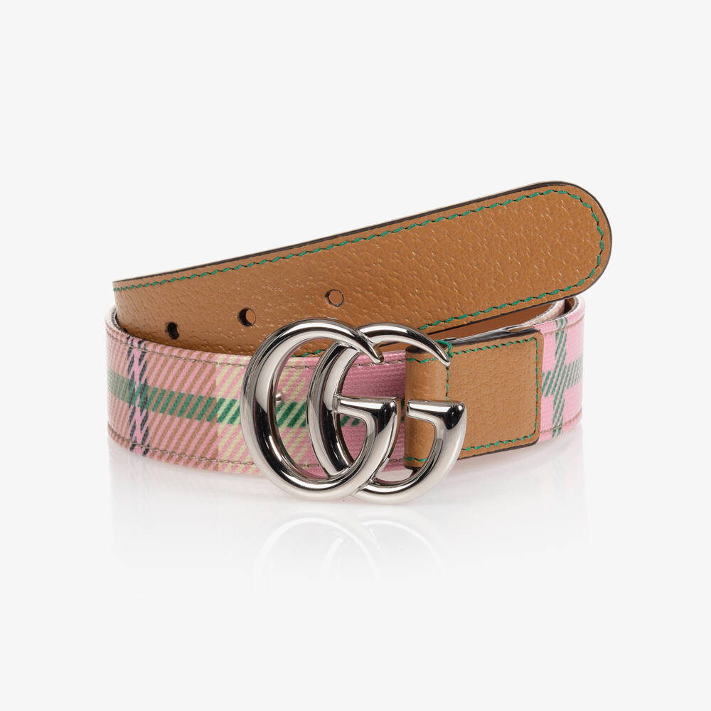 Gucci-حزام جلدي وردي بنقشة مربعات للبنات | Childrensalon Outlet