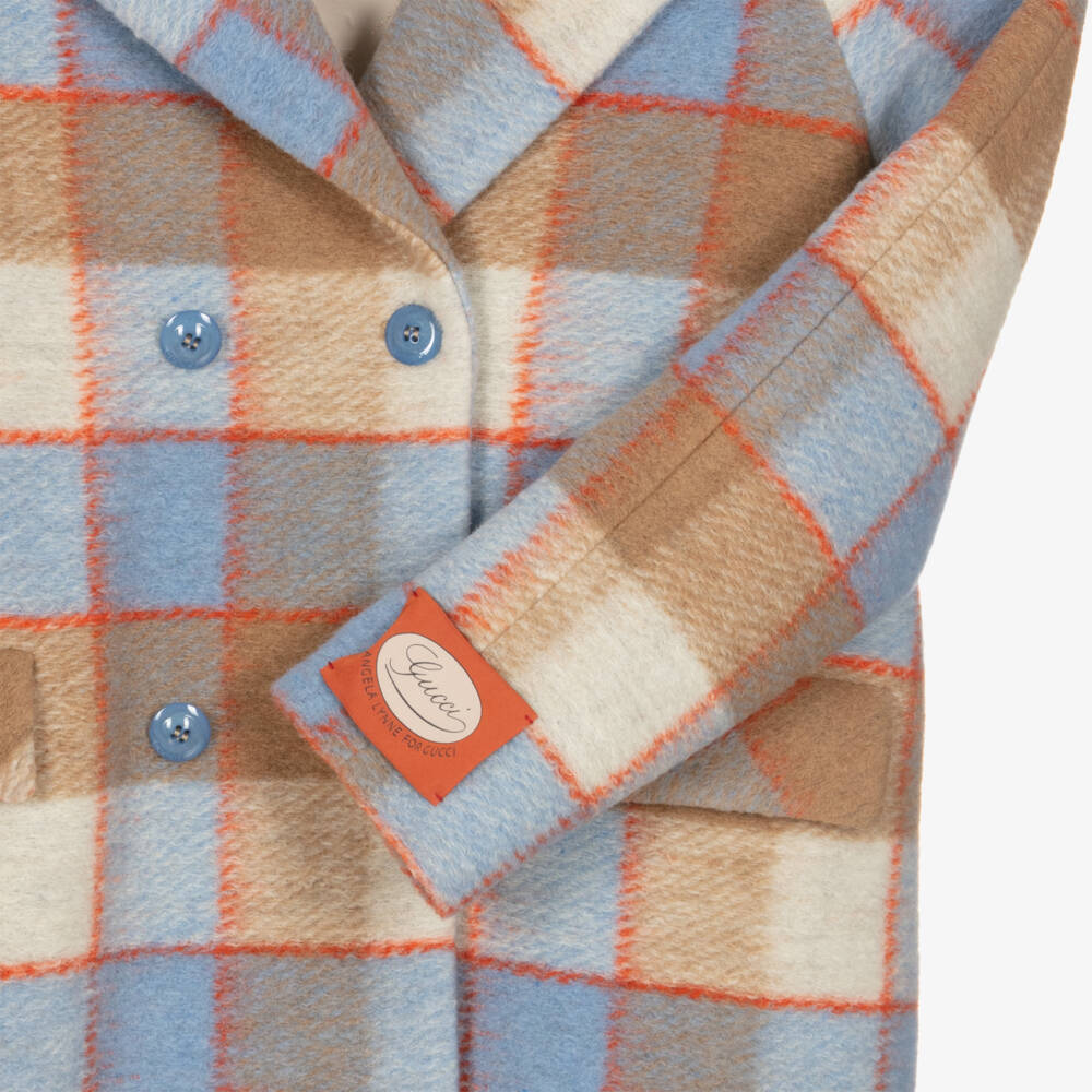 Gucci-Бежево-голубое шерстяное пальто в клетку | Childrensalon Outlet