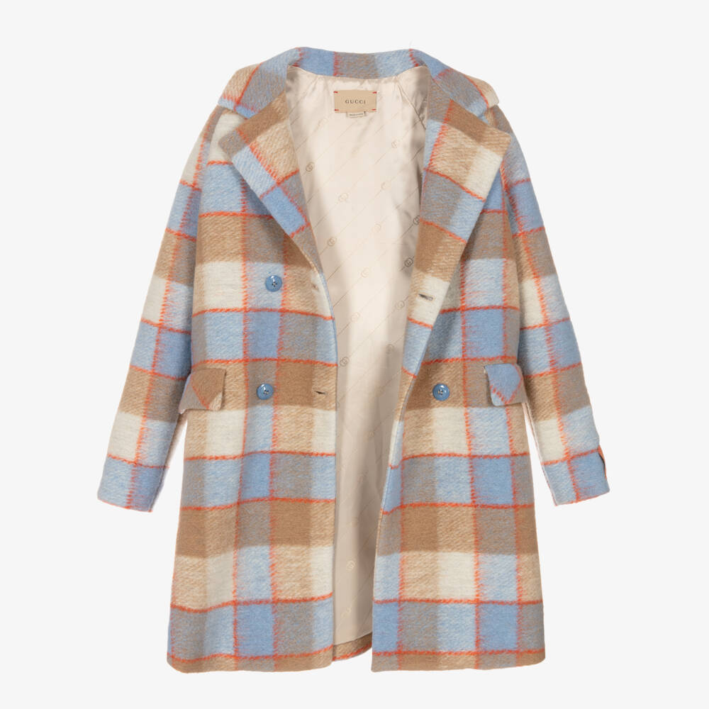 Gucci-Бежево-голубое шерстяное пальто в клетку | Childrensalon Outlet