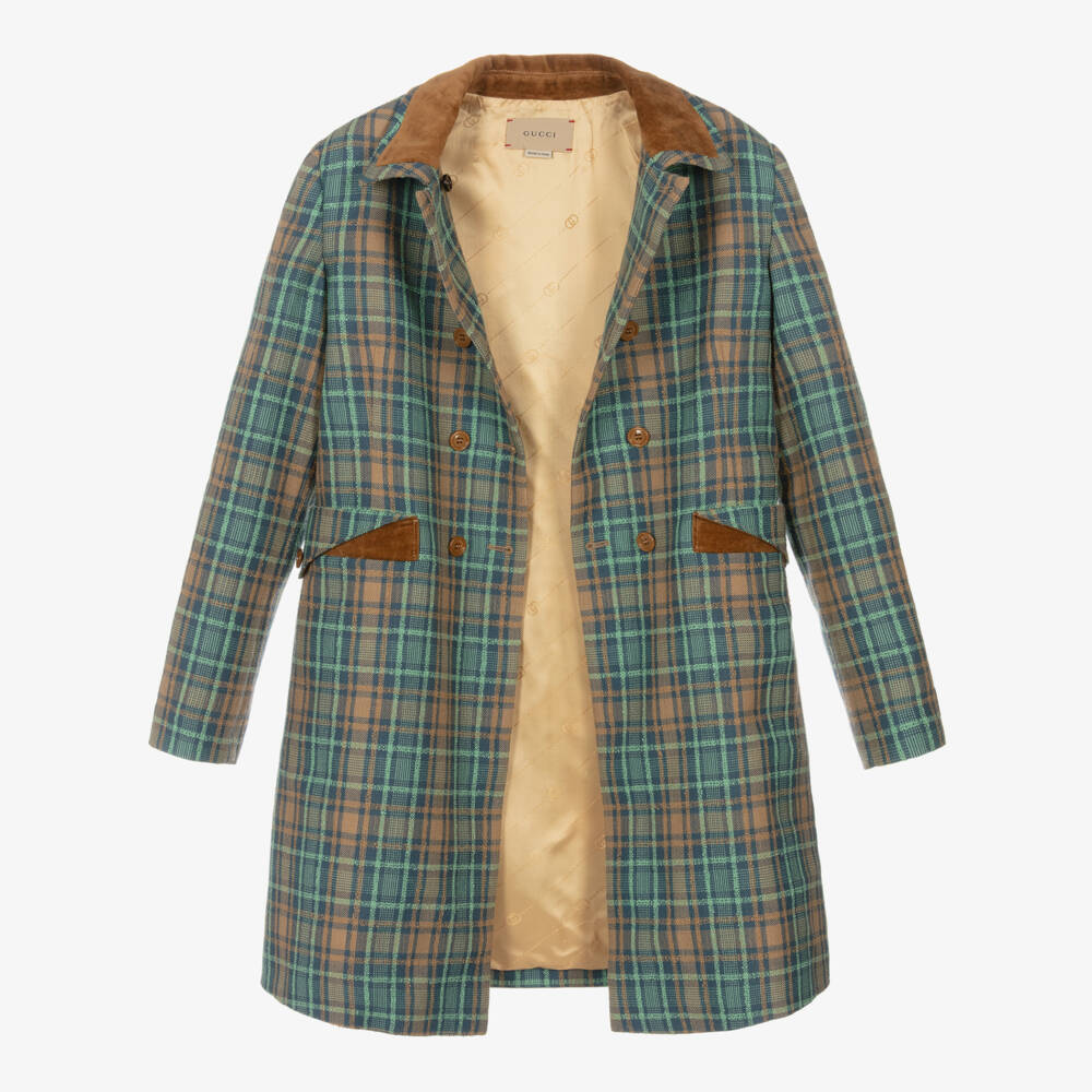Gucci-Teen Girls Blue & Brown Wool Check Coat | Childrensalon Outlet
