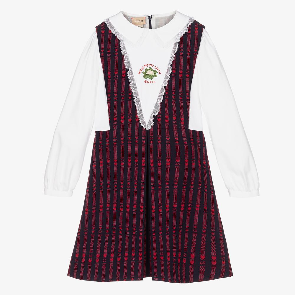 Gucci-Teen Girls Navy Blue & Red Bib Dress | Childrensalon Outlet