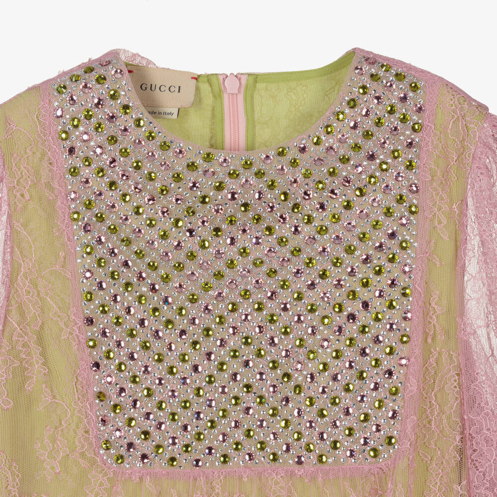 Gucci-Зеленое платье с розовым кружевом для подростков | Childrensalon Outlet