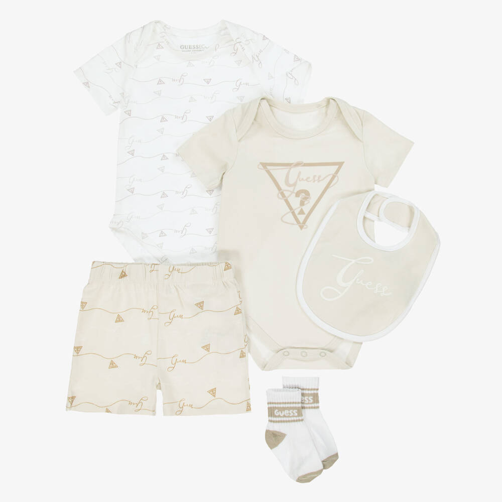 Guess-Baby Boys Beige Logo Shorts Set | Childrensalon Outlet
