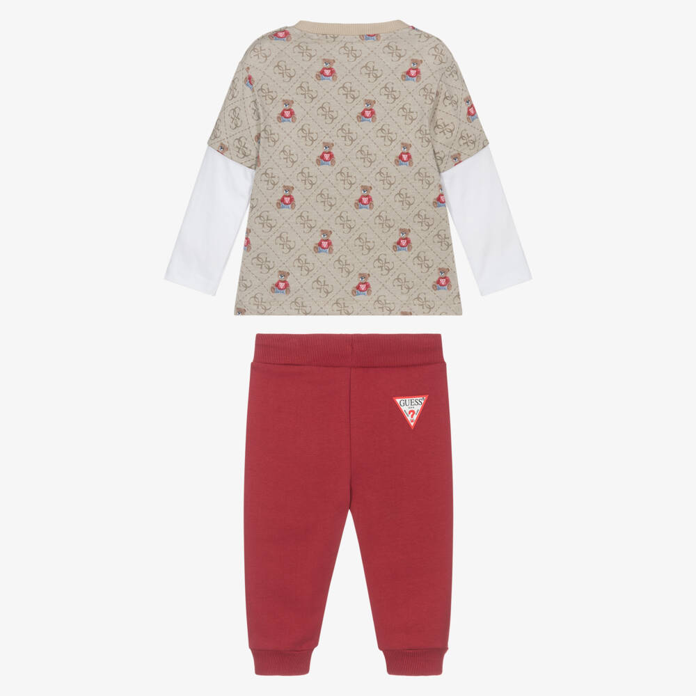 Guess-Baby Boys Beige & Red Cotton Joggers Set | Childrensalon Outlet