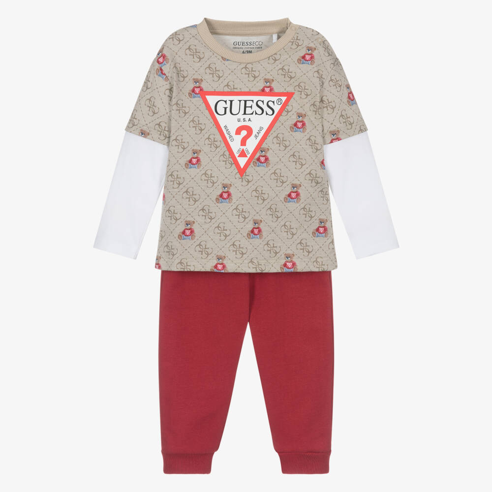 Guess-Baby Boys Beige & Red Cotton Joggers Set | Childrensalon Outlet