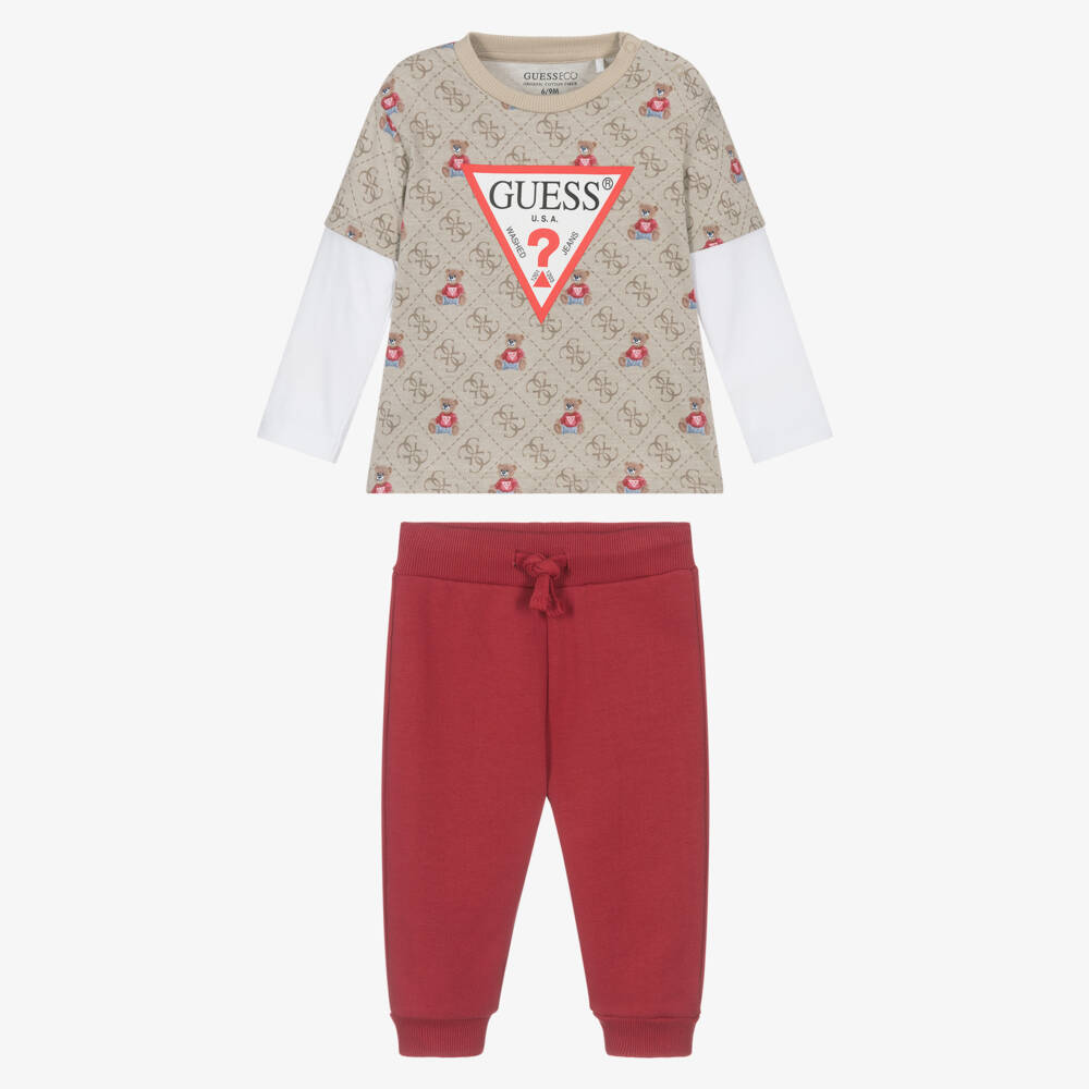 Guess-Baby Boys Beige & Red Cotton Joggers Set | Childrensalon Outlet
