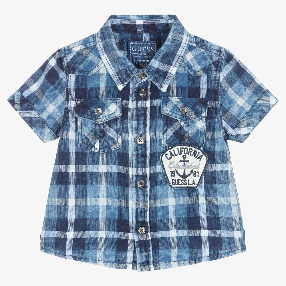 Guess - قميص قطن تويل كاروهات لون أزرق وأبيض للمواليد | Childrensalon