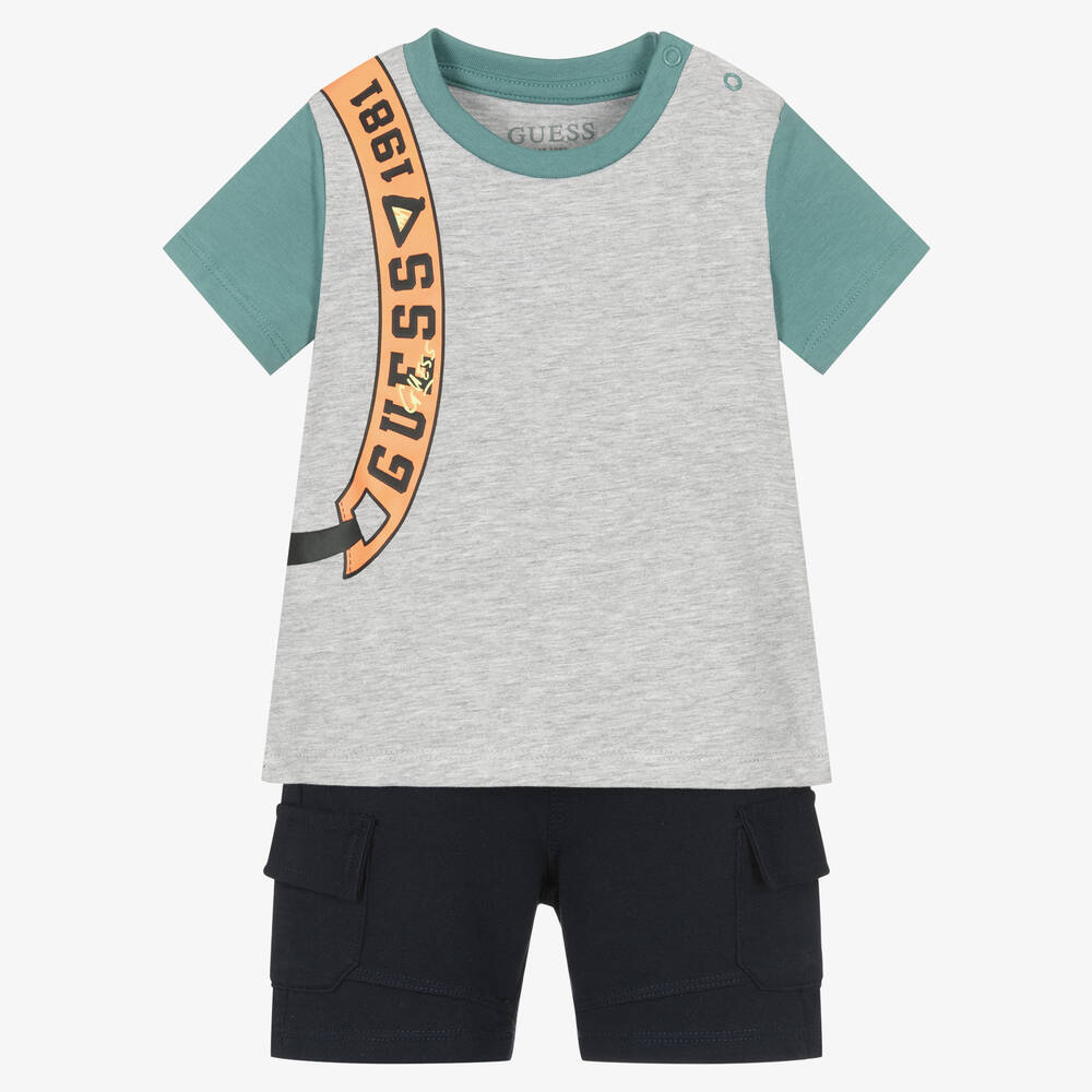 Guess - Baby Boys Grey & Blue Cotton Shorts Set | Childrensalon