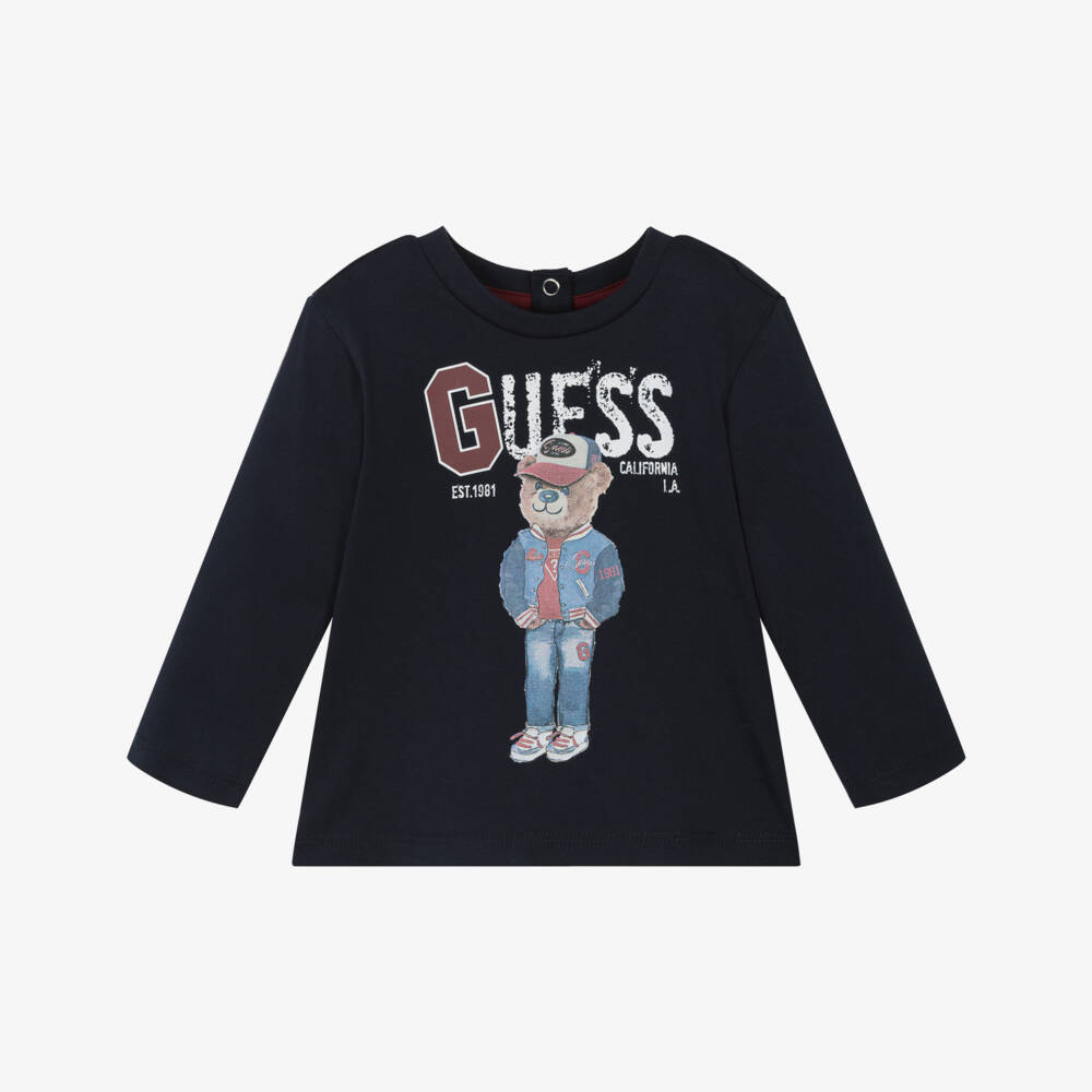 Guess-Baby Boys Navy Blue Organic Cotton Teddy Bear & Logo Top | Childrensalon Outlet