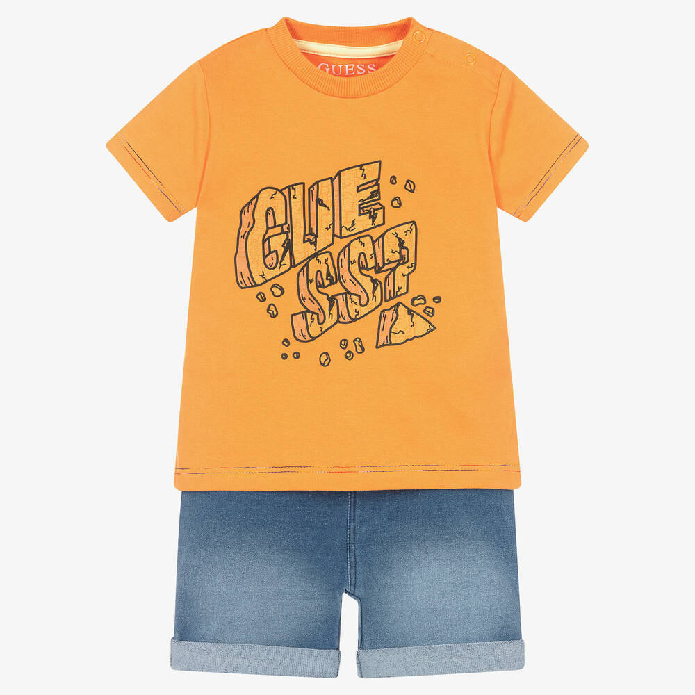 Guess - طقم شورت قطن ودنيم لون برتقالي وأزرق للمواليد | Childrensalon