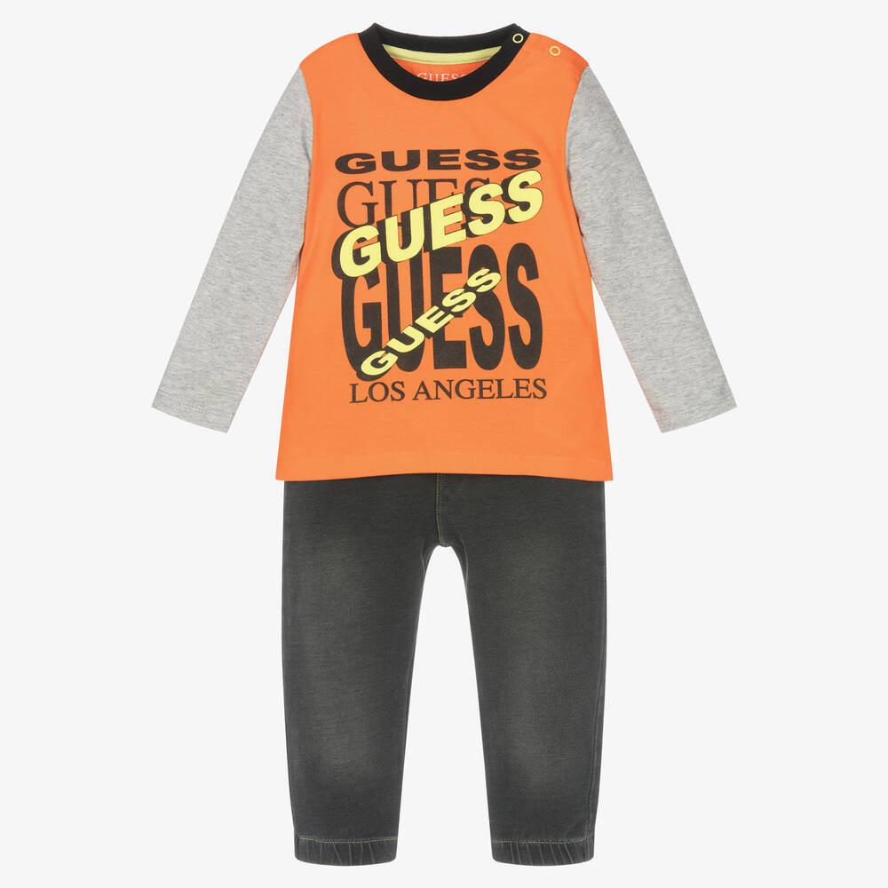 Guess - طقم بنطلون قطن لون برتقالي ورمادي للمواليد | Childrensalon