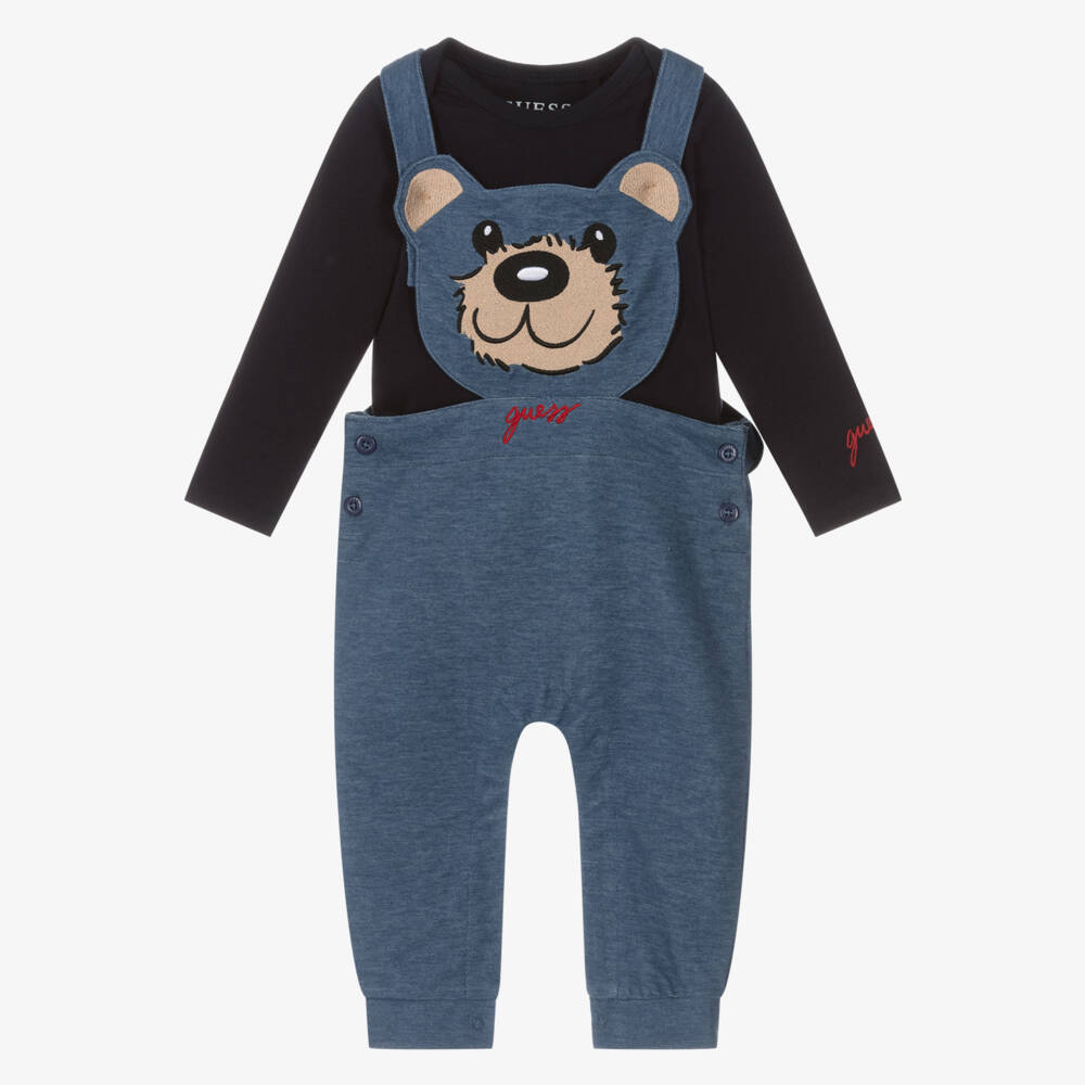 Guess-Baby Boys Teddy Bear Blue Denim Look Dungaree Set | Childrensalon Outlet