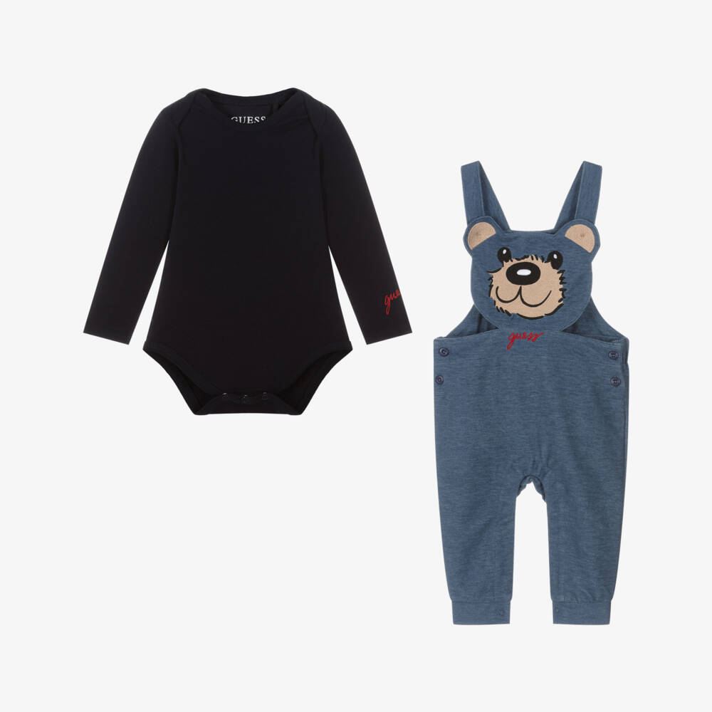 Guess-Baby Boys Teddy Bear Blue Denim Look Dungaree Set | Childrensalon Outlet