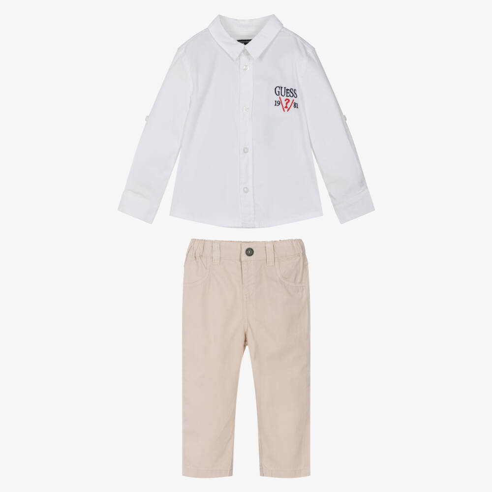 Guess-Baby Boys White & Beige Shirt & Trouser Set | Childrensalon Outlet