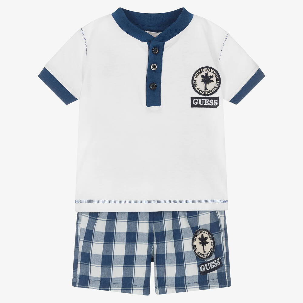 Guess - Baby Boys White & Blue Check Shorts Set | Childrensalon