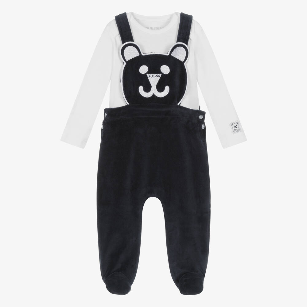 Guess - Baby Boys White & Navy Blue Dungarees Set | Childrensalon
