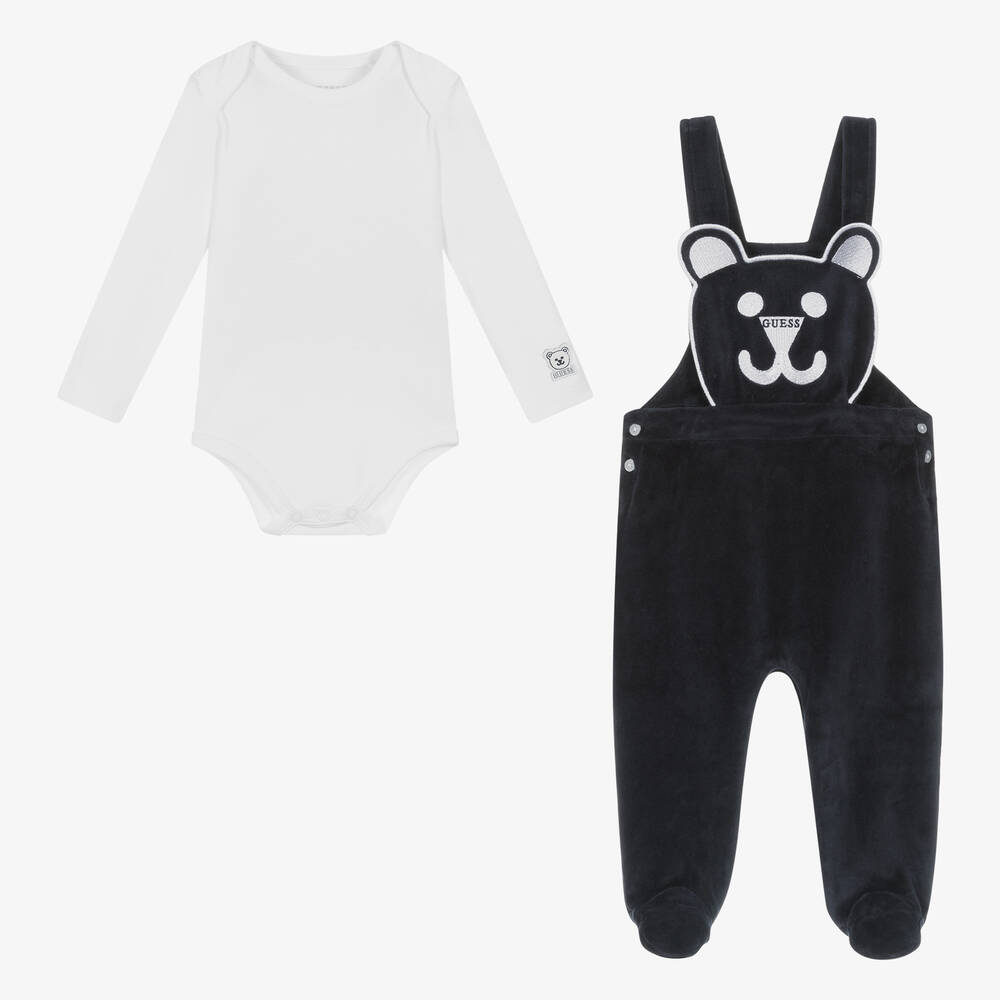 Guess-Baby Boys White & Navy Blue Dungarees Set | Childrensalon Outlet