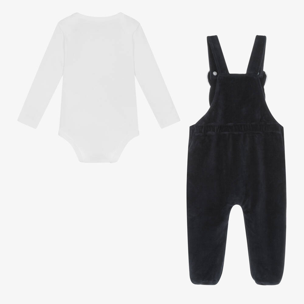 Guess-Baby Boys White & Navy Blue Dungarees Set | Childrensalon Outlet