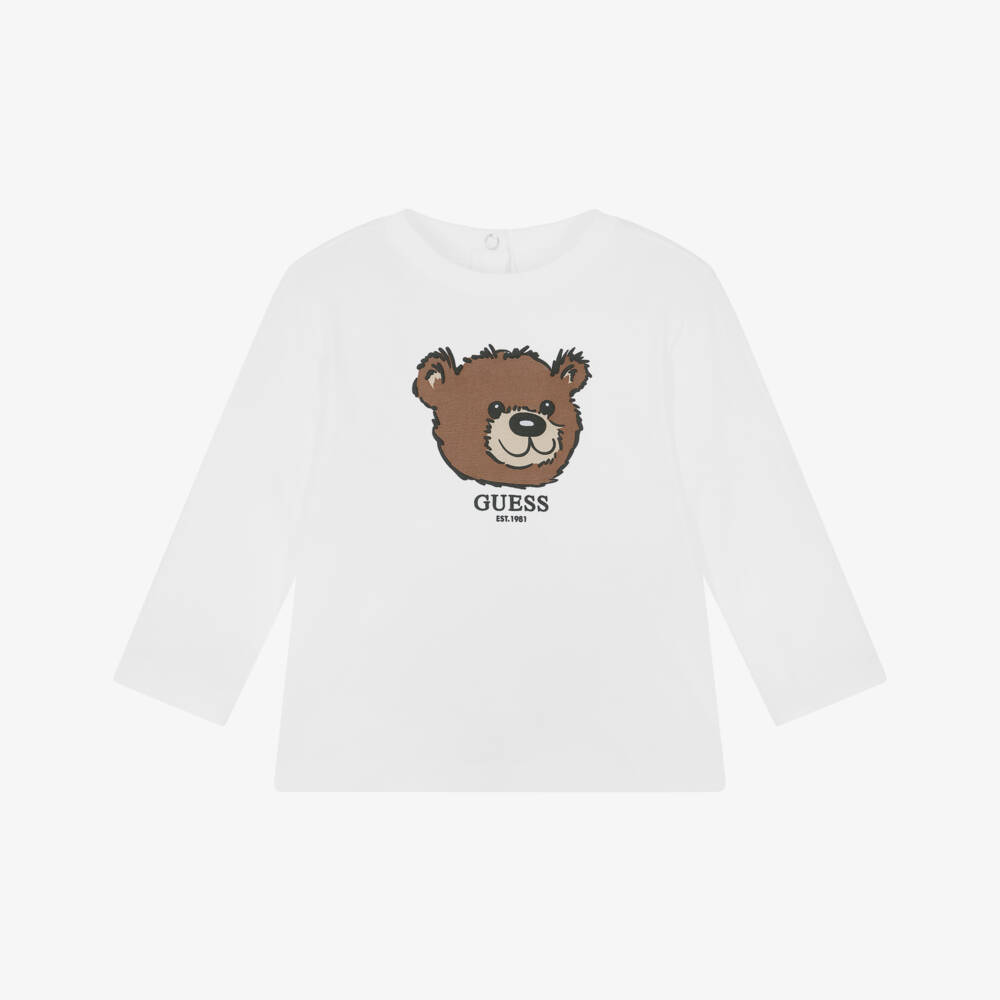 Guess-Baby boys White Organic Cotton Teddy Bear Logo Top | Childrensalon Outlet