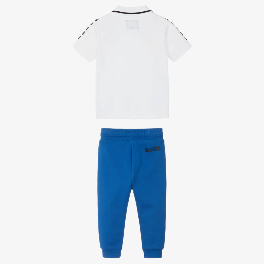 Guess-Baby Boys White Polo Shirt & Blue Cotton Jogger Set | Childrensalon Outlet